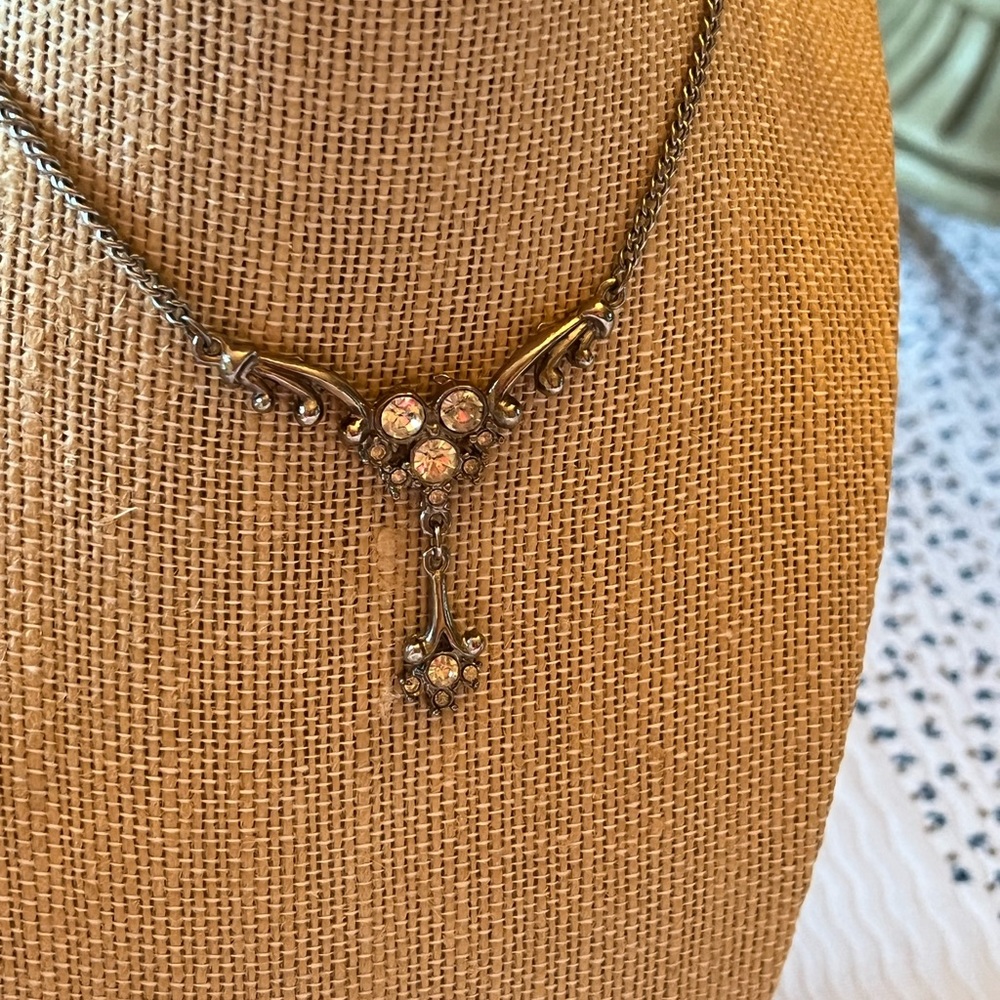 Antique silver tone and rhinestone choker necklace with focal pendant